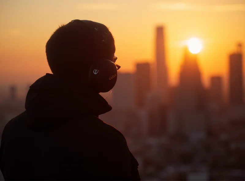 A person listening to music through headphones, lost in thought, with a city skyline in the background.