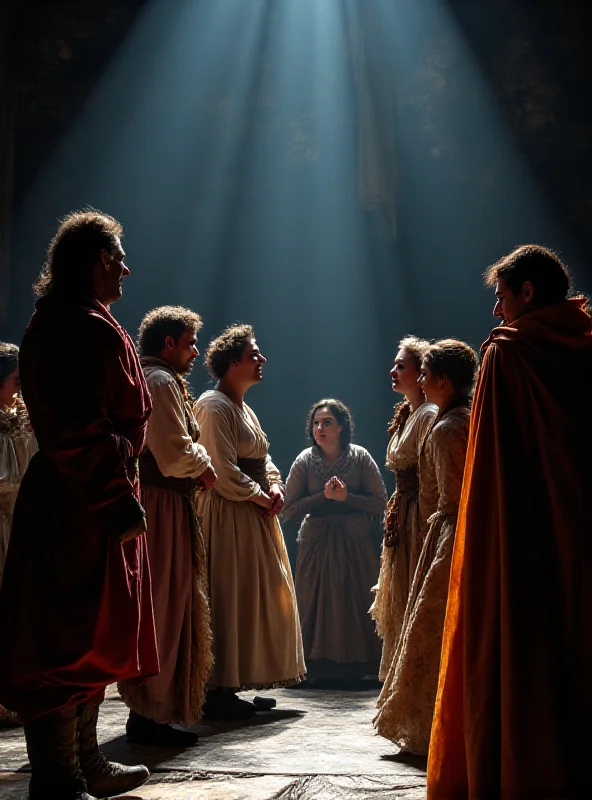 A theatrical stage with dramatic lighting and actors in costume performing a scene from a play.