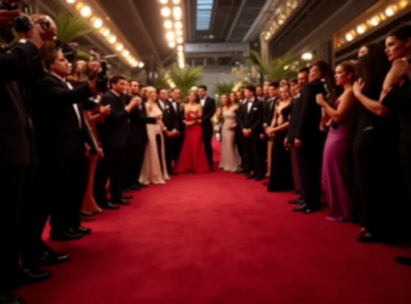 A glamorous red carpet scene at the Academy Awards, showcasing various fashion styles.