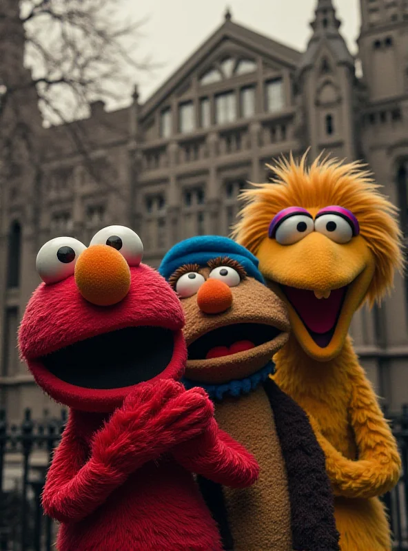 A photo of Sesame Street characters looking concerned in front of the Sesame Street set.