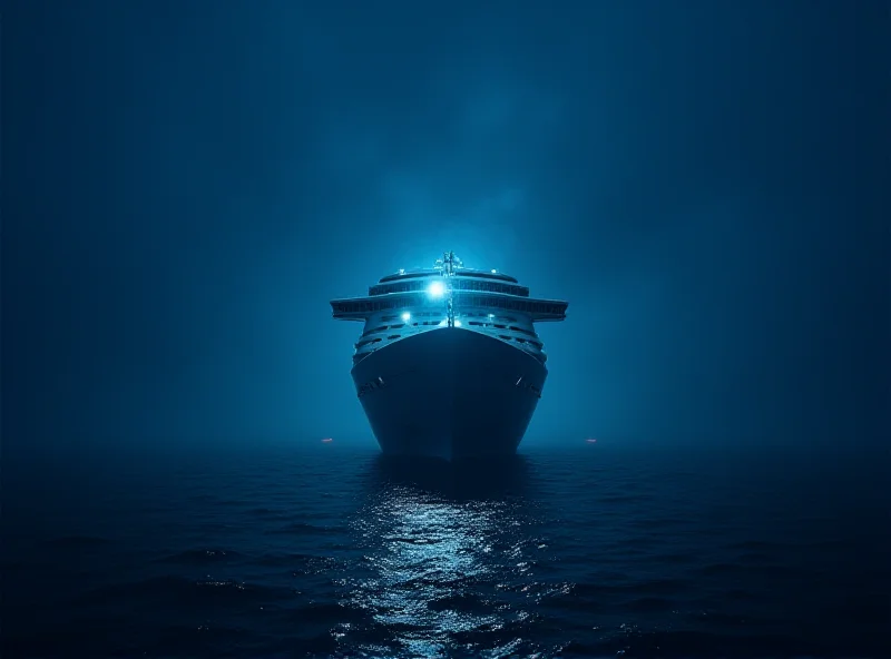 A dramatic image of a cruise ship at night with searchlights scanning the water.