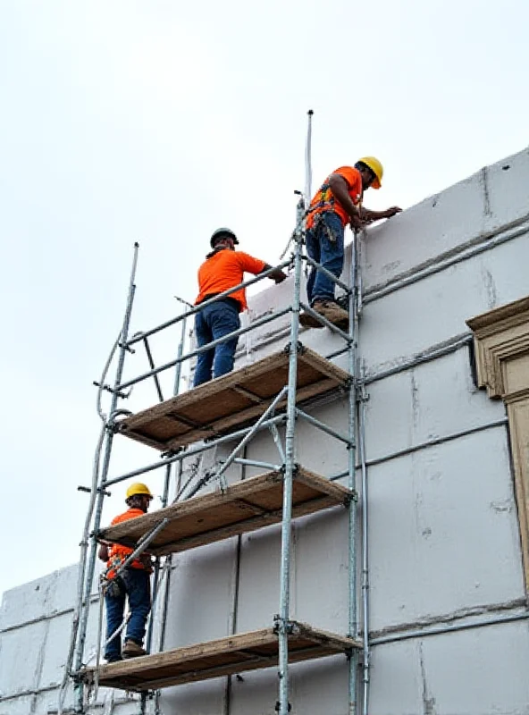 Construction workers on a scaffolding working on the exterior of a building.