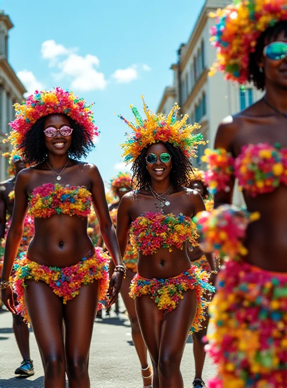 A vibrant, colorful scene of Trinidad Carnival, with people in elaborate costumes dancing in the street. Focus on recycled materials used in costumes.