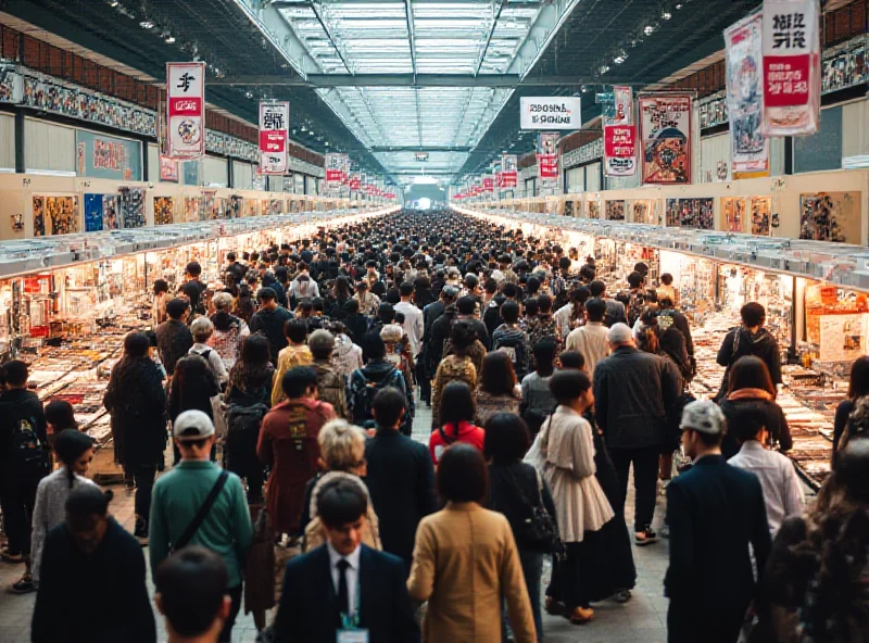 A bustling scene from Comiket, the world's largest comic festival in Tokyo. Cosplayers, artists, and fans mingle amidst colorful booths and displays.