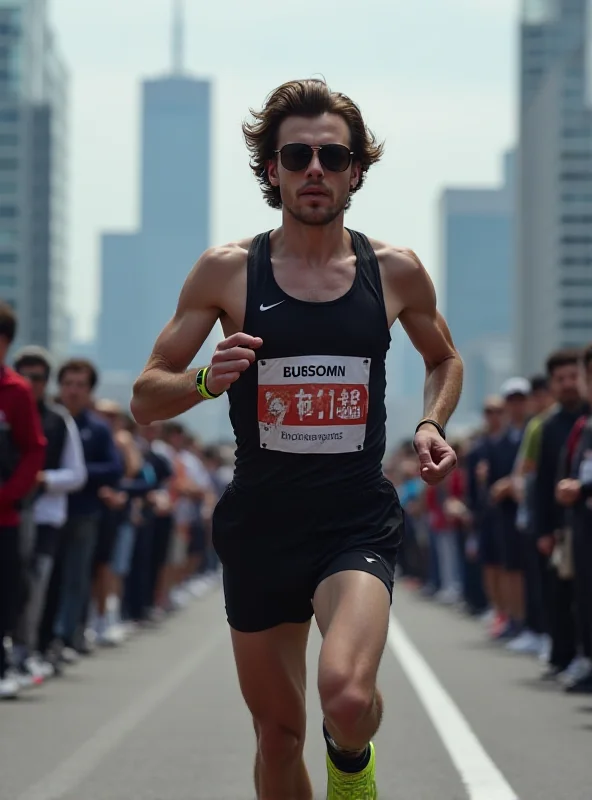 Harry Styles running the Tokyo Marathon. He is wearing athletic gear and a determined expression.