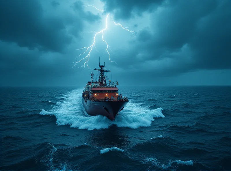 A dramatic, high-angle shot of a cable repair ship at sea, with large waves crashing against the hull and a stormy sky overhead, emphasizing the harsh conditions and isolation of the crew.