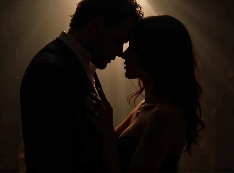 A seductive scene from an erotic thriller, featuring a couple in a passionate embrace, with dramatic lighting.