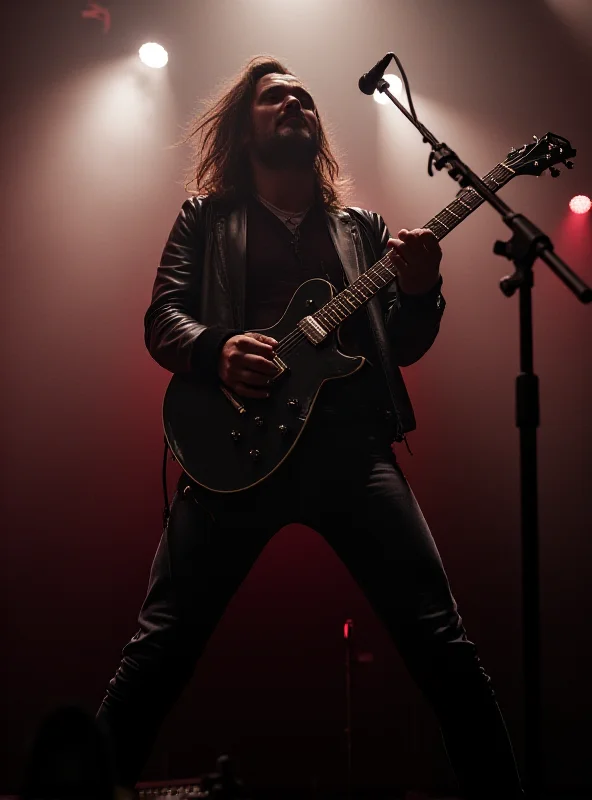 Brian James of The Damned performing on stage, bathed in stage lights, playing his guitar with intensity.