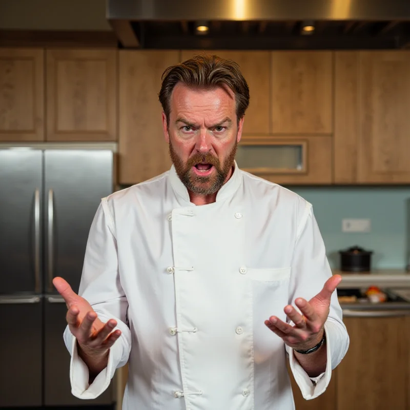 James Martin looking angry while gesturing with his hands in the kitchen.