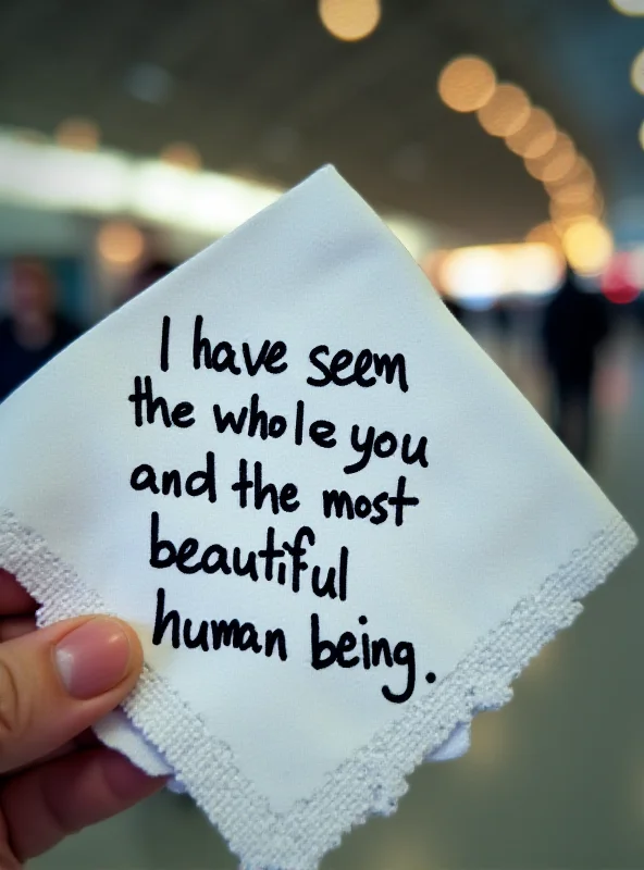 Close up of a napkin with a handwritten love note, with a blurred background of an airport terminal.