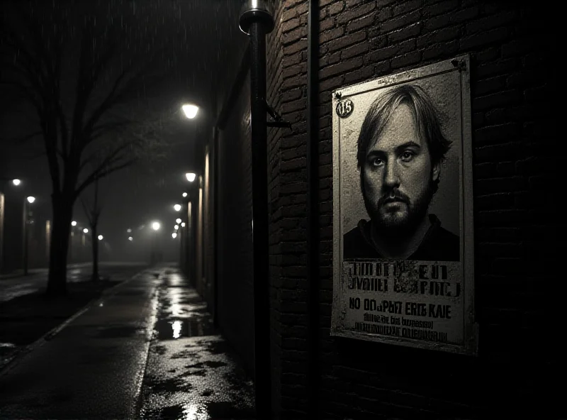 A dimly lit street in Warsaw, Poland, at night, with a poster of a poet on a wall.