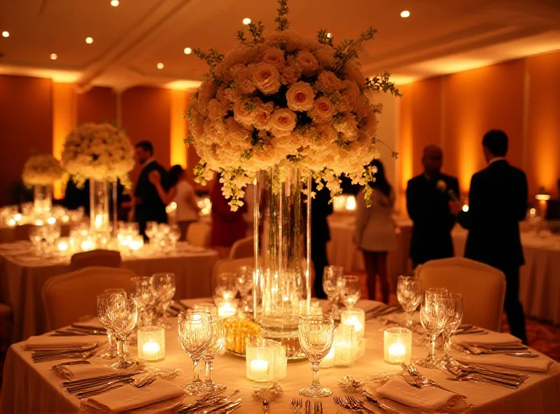 A lavishly decorated wedding reception at The Westin Surabaya, with tables set for a formal dinner and elegant floral arrangements.