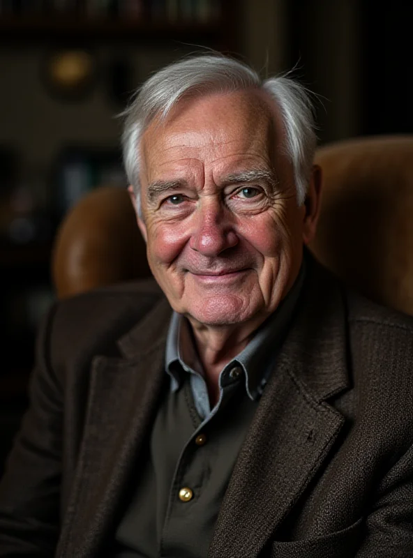 A portrait of an elderly British man, John Alfred Tinniswood, with a kind smile and a twinkle in his eye, sitting in a comfortable armchair.