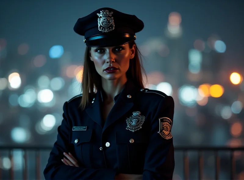 A woman in a police uniform confidently posing in front of a blurred cityscape. She has a playful expression and a slight smirk.