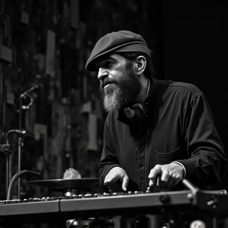 A black and white portrait of a musician playing the vibraphone with a focused expression and a backdrop of musical instruments.