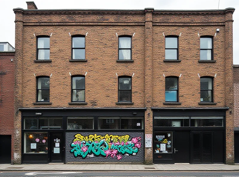 Exterior of V22 Ashwin Street studio in Dalston, London, showing a brick building with multiple windows and street art.