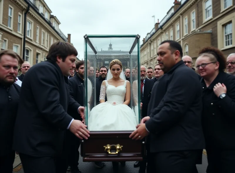 Mourners in London parading a glass coffin with a woman in a wedding dress.