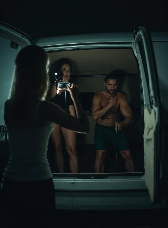 A furious woman filming a man and woman in the back of a van.