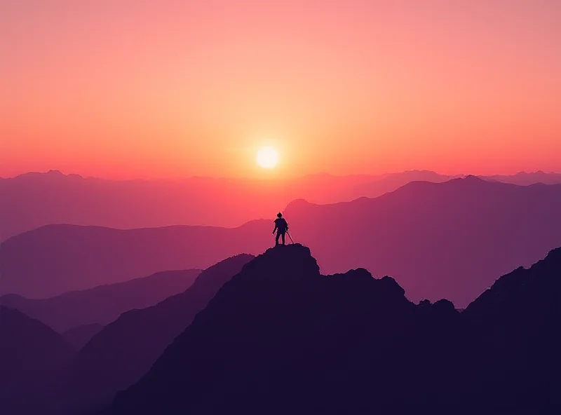 A mountain climber silhouette against a dramatic mountain backdrop.