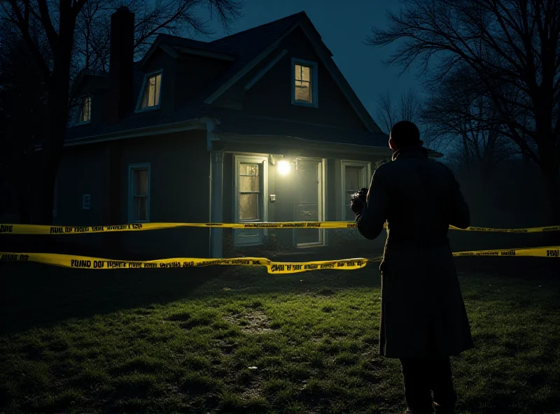 Scene of a detective investigating a crime scene, possibly a house, with forensic markers and yellow tape, emphasizing the investigative nature of the story.