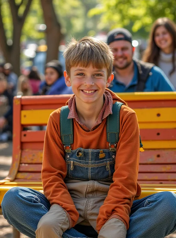 A six-year-old boy named Teddy smiling and sitting on a colorful buddy bench made from recycled materials, surrounded by smiling adults and other children.