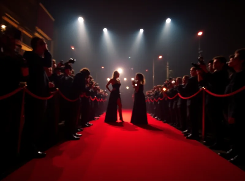 A glamorous movie premiere scene with spotlights, red carpet, and the cast and crew of the film Anora posing for photographs, dressed in elegant attire.