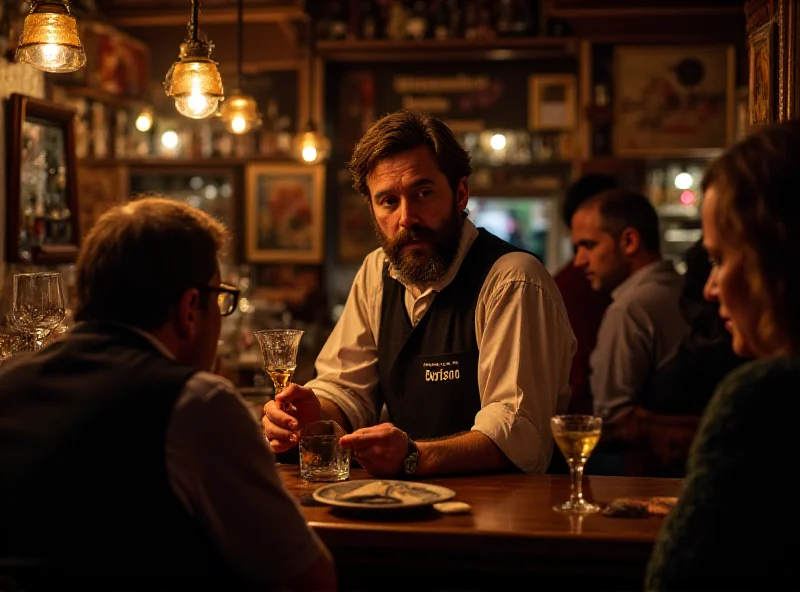 The interior of a classic, dimly lit pub with wooden bar and stools. A bartender is polishing glasses.