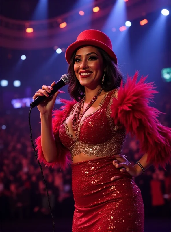 Malena Gracia smiling confidently on stage in a vibrant, colorful outfit, holding a microphone. Stage lights illuminate her.