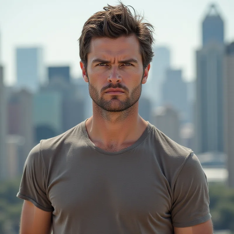 Taylor Lautner in a casual pose, looking serious but supportive, with a blurred background of a cityscape.