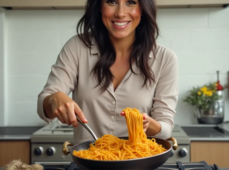 Meghan Markle cooking spaghetti in a single skillet.