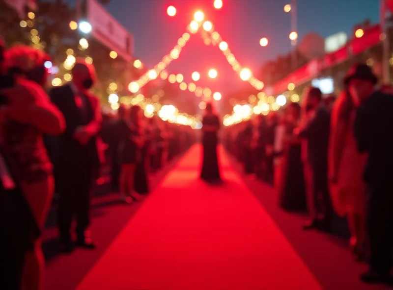 A glamorous red carpet scene with photographers and celebrities.