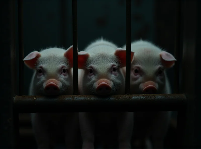 Three piglets huddled together in a dimly lit pen, creating a somber and thought-provoking atmosphere.