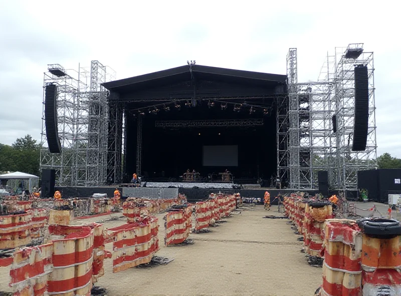 A large concert stage under construction, with visible scaffolding and technical equipment. The surrounding area shows preparations for a large audience, indicating the scale of the event.