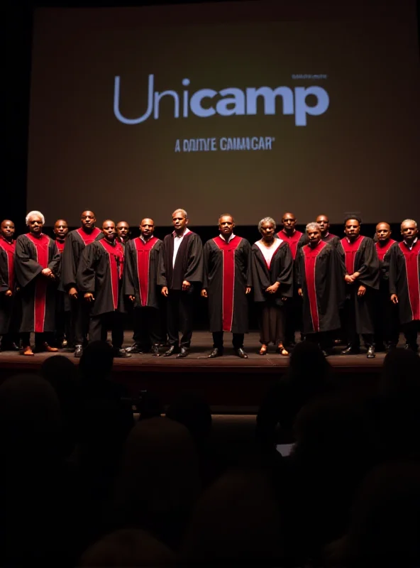 Racionais MCs receiving honorary doctorate degrees at Unicamp, surrounded by faculty and supporters.