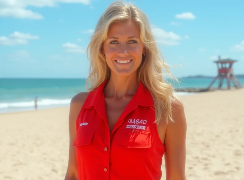 Pamela Bach smiling on the beach, wearing a Baywatch lifeguard uniform.