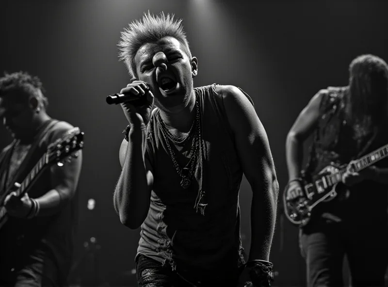 A black and white photo of a punk rock band performing live on stage, with a singer shouting into a microphone.