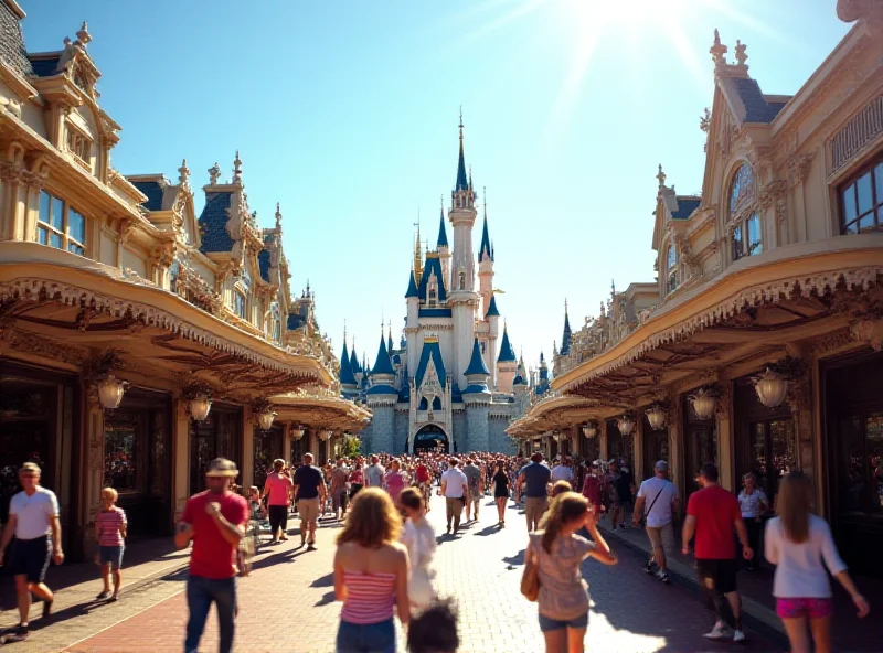 A wide shot of Disneyland's Main Street, U.S.A., bustling with visitors and featuring Sleeping Beauty's Castle in the background.