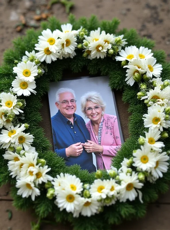 A memorial wreath with a photograph of Dolly Parton and Carl Dean in the center.