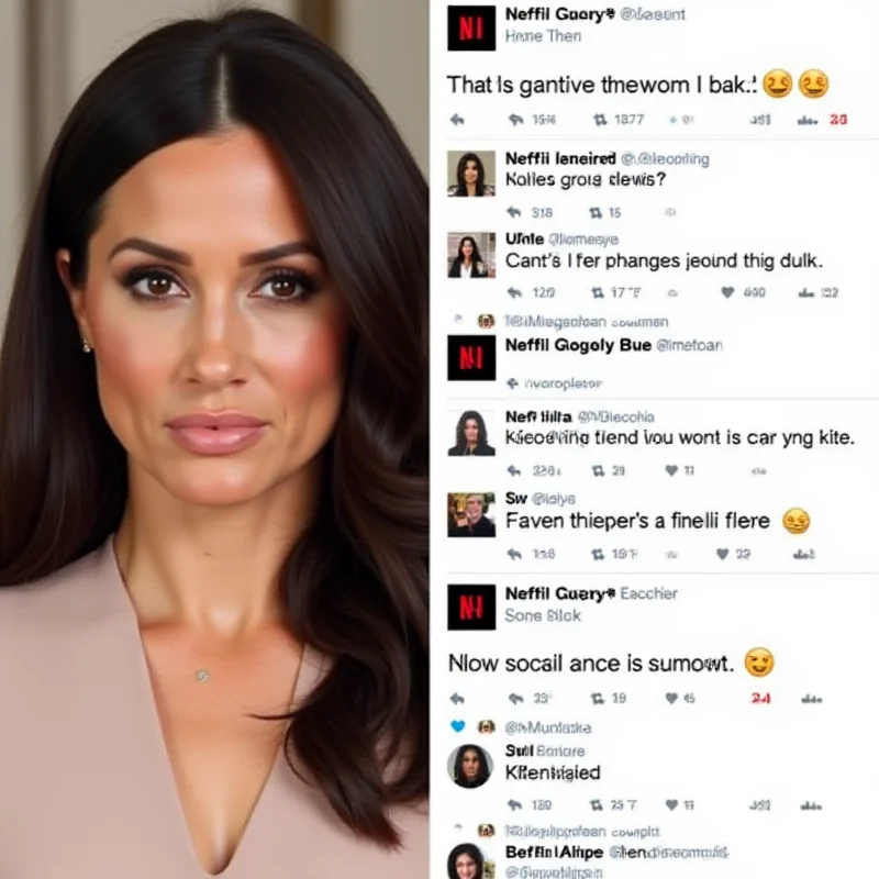 A split image of Meghan Markle looking serious and a collage of negative social media comments about her Netflix show.