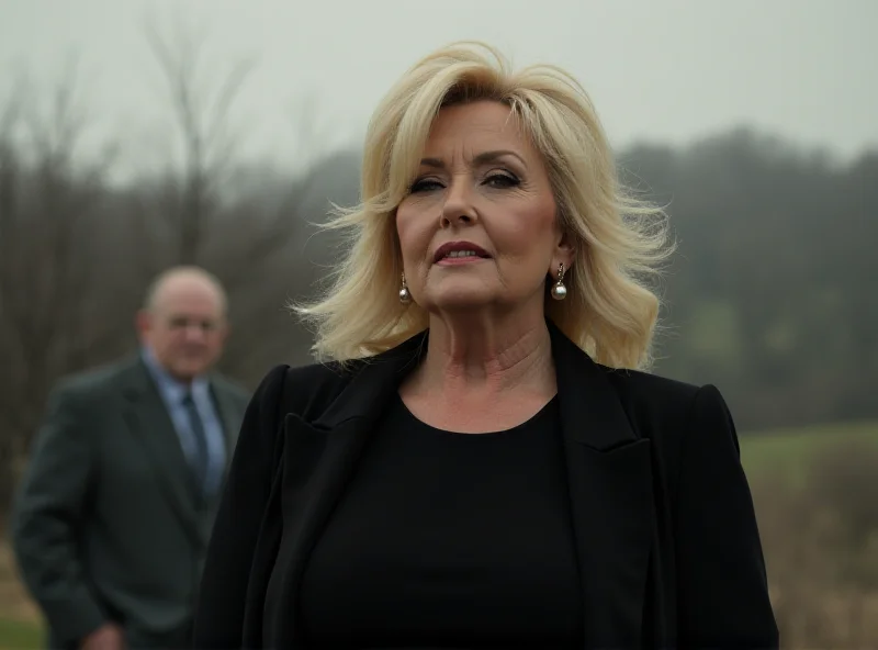 An AI generated image of Dolly Parton looking somber and respectful, with a faint, blurry image of Carl Dean in the background.