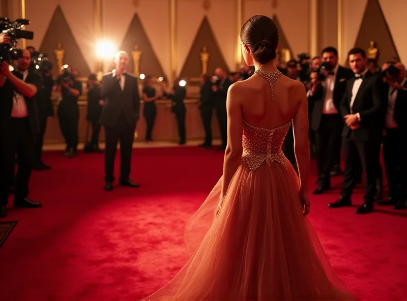 An AI generated image of a glamorous red carpet scene at the Oscars, with a celebrity wearing a dress with subtle symbols related to a current social issue.