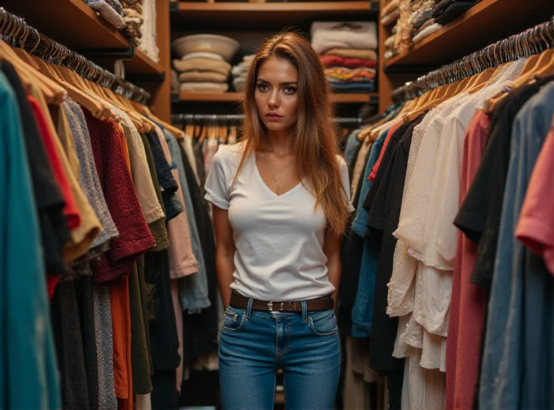 A woman looking into a full closet, overwhelmed by the amount of clothes.