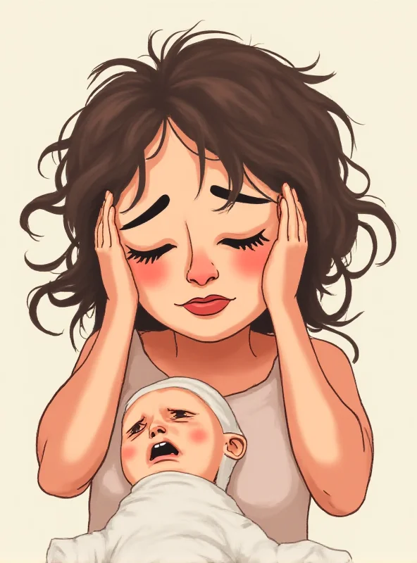 A cartoon illustration of a new mother looking exhausted with a baby crying in the background.