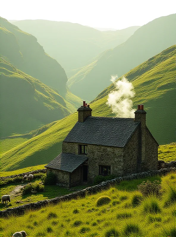 A Welsh cottage nestled in a green valley with rolling hills, bathed in soft sunlight.