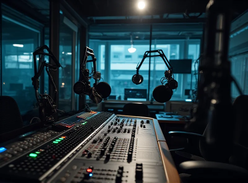 A radio studio with microphones and sound equipment, empty due to an evacuation.