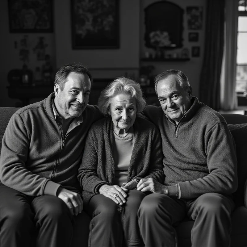 Black and white photograph of two men sitting next to an older woman, all smiling gently.