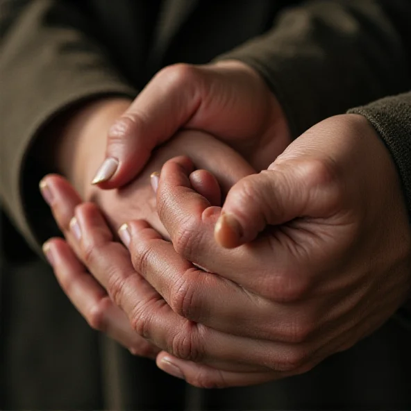 Close up of the photograph of Gordon, Jim and Margot, focusing on their hands and facial expressions.