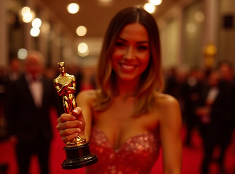 Mikey Madison holding an Oscar statuette and smiling on the red carpet