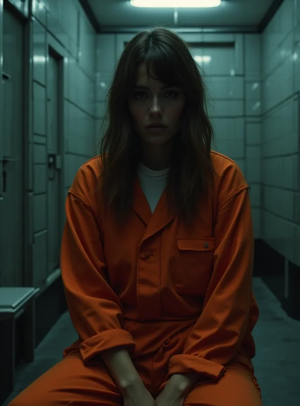 A somber image of a woman in an orange prison jumpsuit sitting in a stark jail cell.