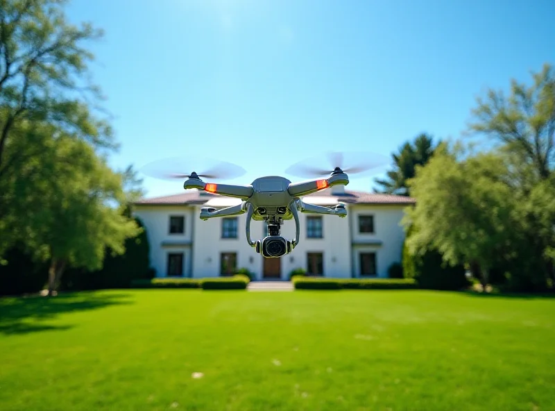 A drone flying over a large mansion with green lawns and mature trees, under a bright blue sky. The drone is clearly visible and appears to be filming the property.